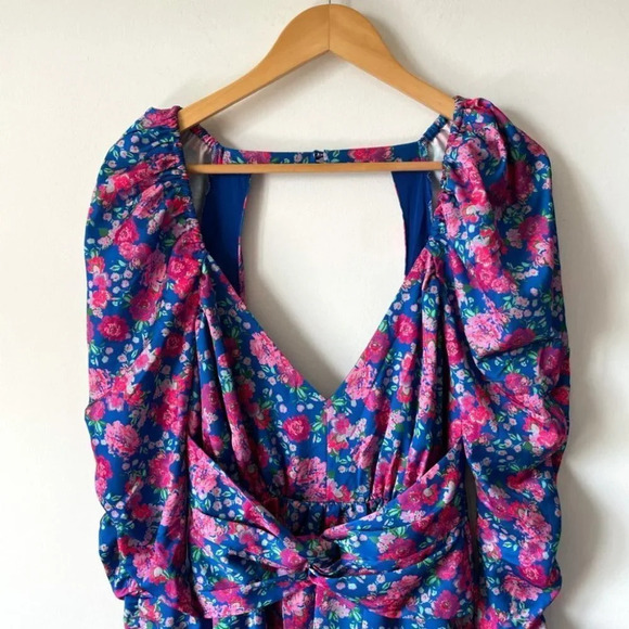 For Love & Lemons Puff Sleeve Open Back Annie Mini Dress Blue Pink Floral Sz S - Picture 8 of 14